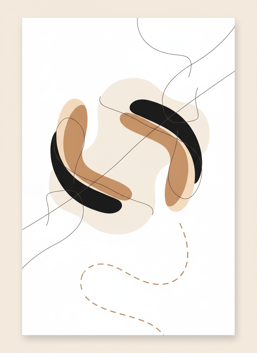 Illustration artistique minimaliste et haut de gamme pour un site de psychologie et de ressources psychologiques : évoquer le lien, l’attachement et les trajectoires humaines par des lignes organiques, deux formes abstraites qui se répondent et un chemin subtil. Palette crème, sable, noir doux et brun chaud, lumière douce, composition raffinée, beaucoup d’espace négatif, sans texte, sans visage, sans symboles médicaux, sans aspect cliché de banque d’images.