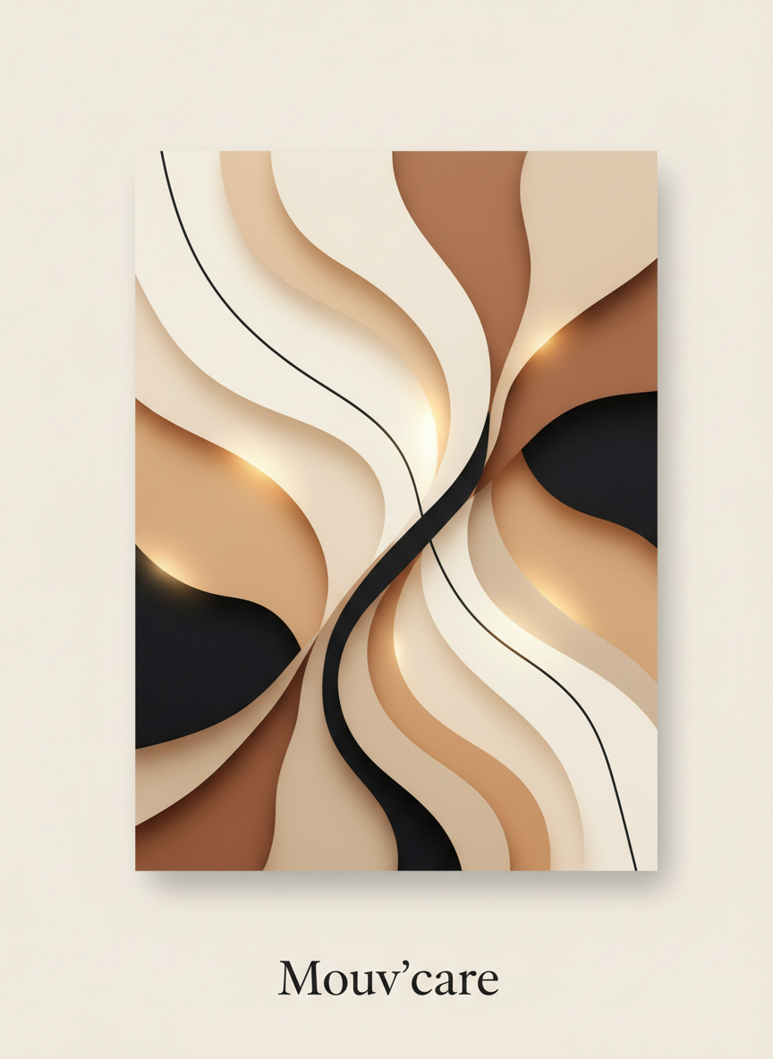 Créer une nouvelle image de couverture verticale, totalement différente du portrait actuel, pour la marque Mouv’care. Illustration éditoriale abstraite, élégante et haut de gamme sur le lien humain, l’attachement et les trajectoires de vie : formes organiques crème, sable, brun chaud et noir doux, lumière subtile, composition minimaliste avec beaucoup d’espace. Intégrer clairement le mot exact « Mouv’care » dans l’image, en typographie serif raffinée, bien orthographié et lisible, placé dans la partie basse. Aucun visage, aucune personne, aucun symbole médical, aucun autre texte.